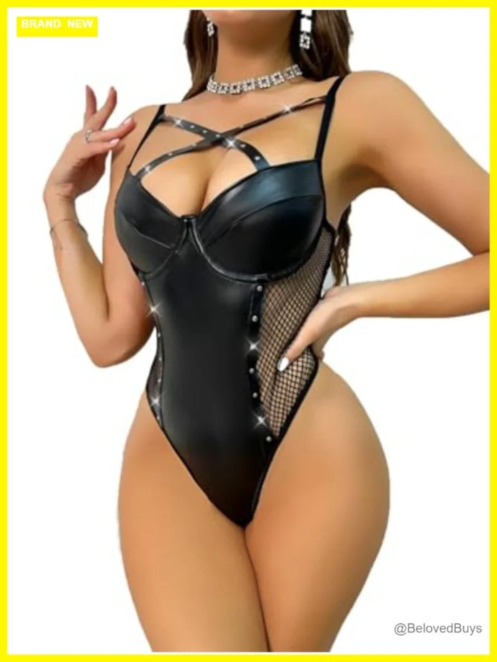 Sensual Faux Leather & Fishnet Babydoll Bodysuit Lingerie